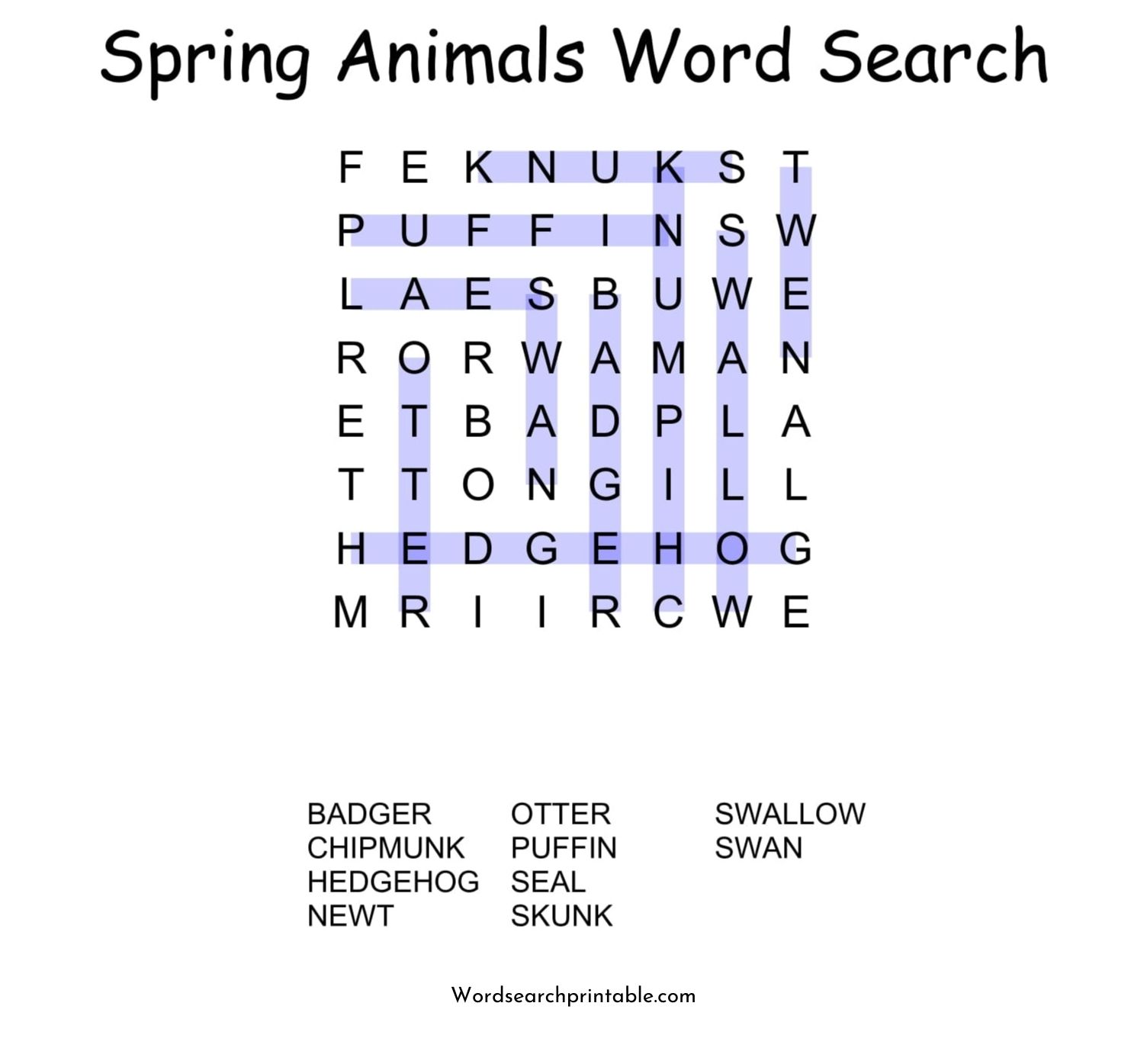 spring animals word search puzzle solution