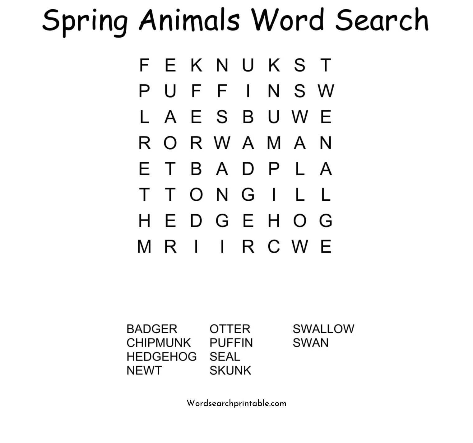 spring animals word search puzzle