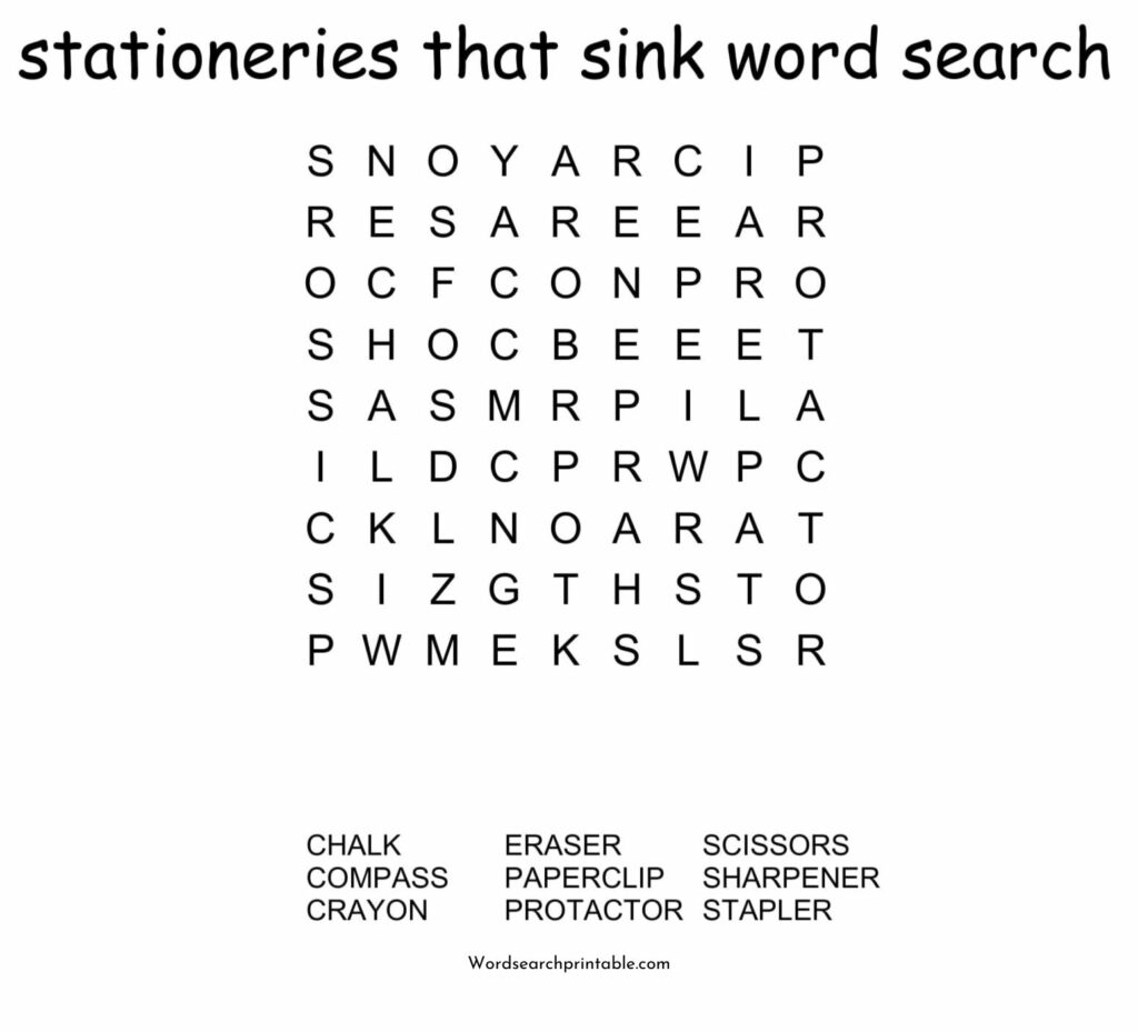 stationeries that sink word search puzzle
