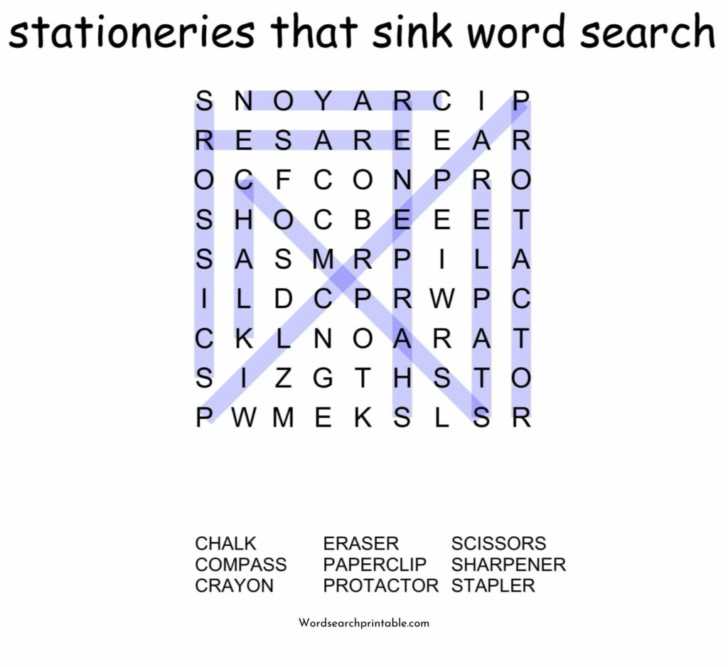 stationeries that sink word search puzzle solution