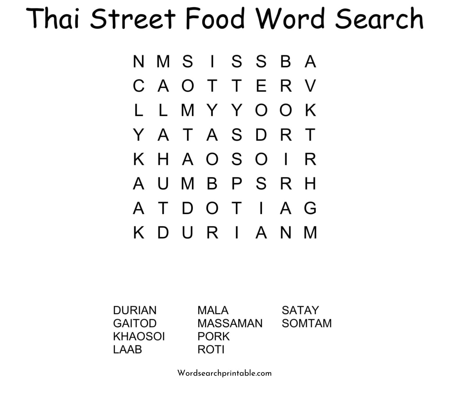 thai street food word search puzzle
