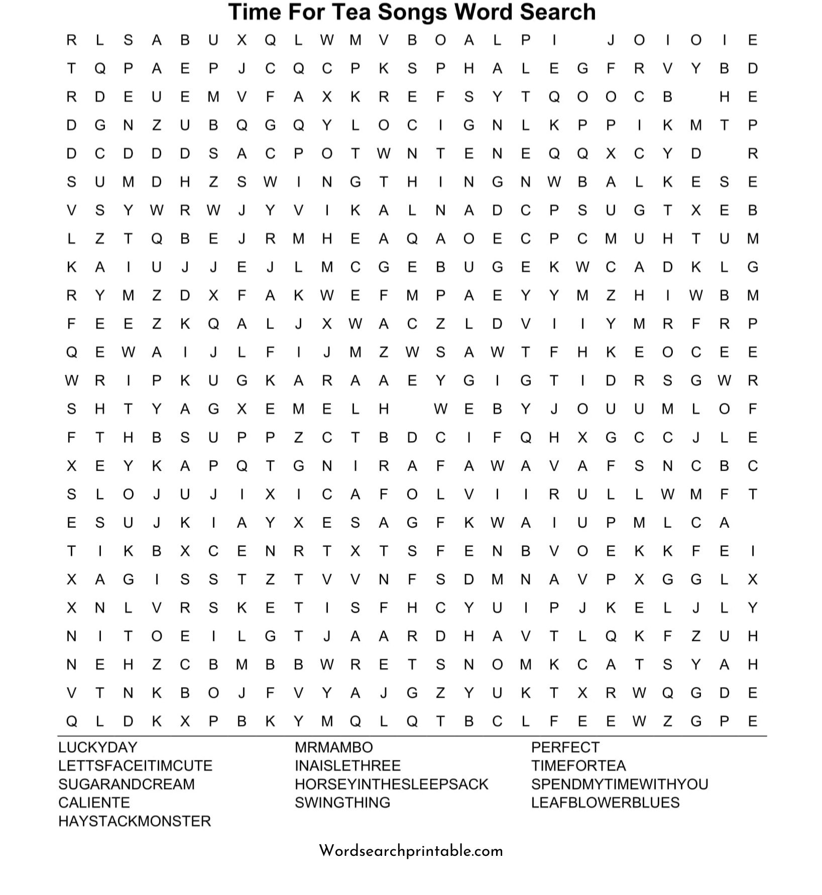 time for tea songs word search puzzle