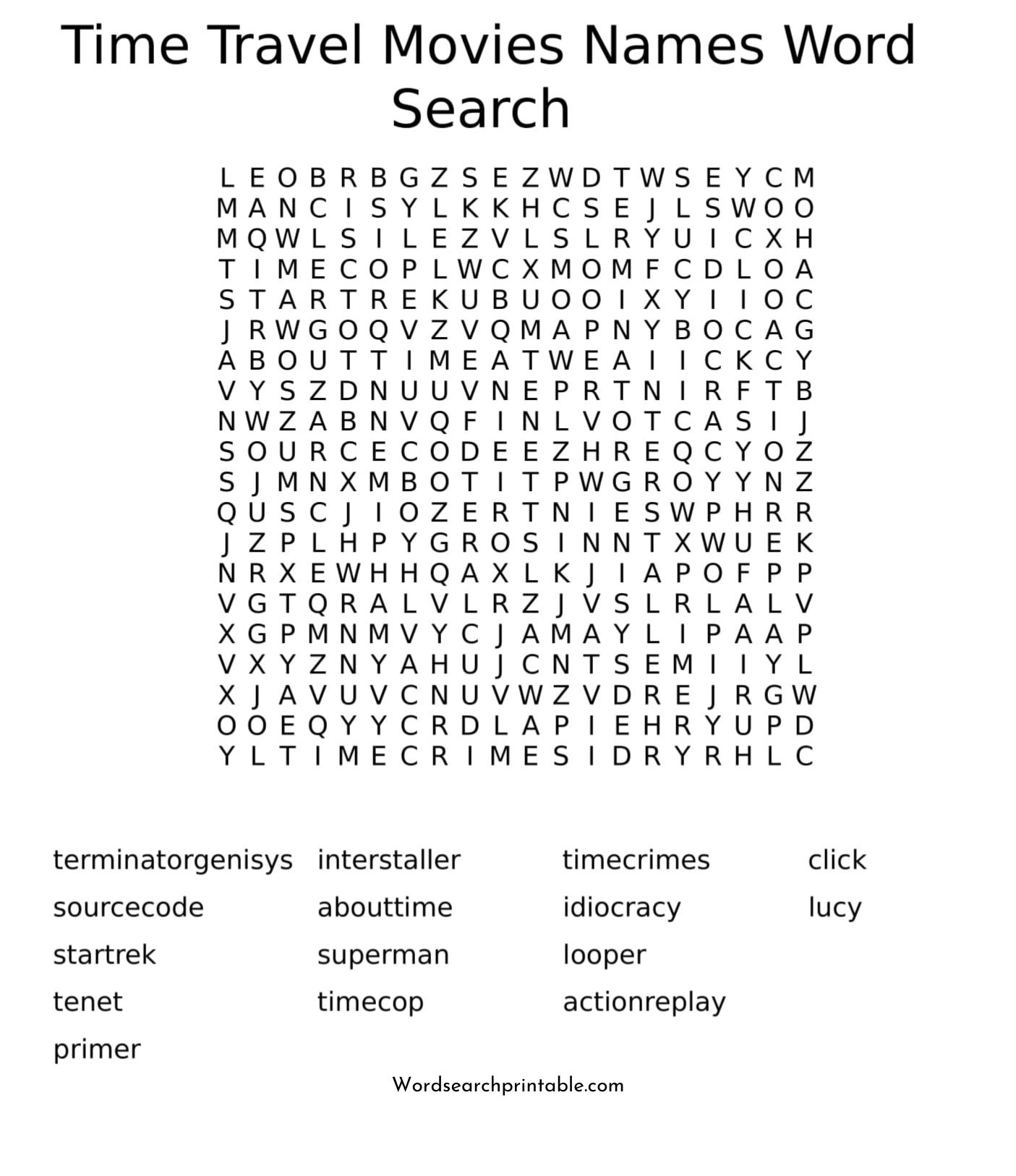 time travel movies names word search puzzle