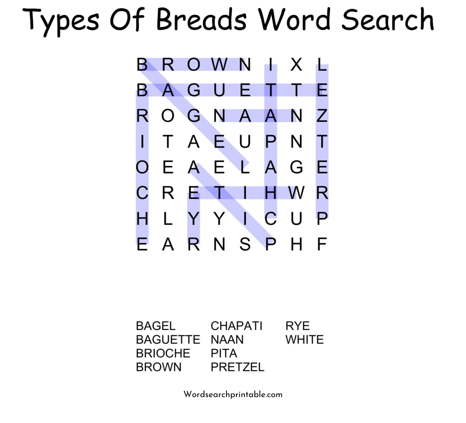 types of breads word search puzzle solution
