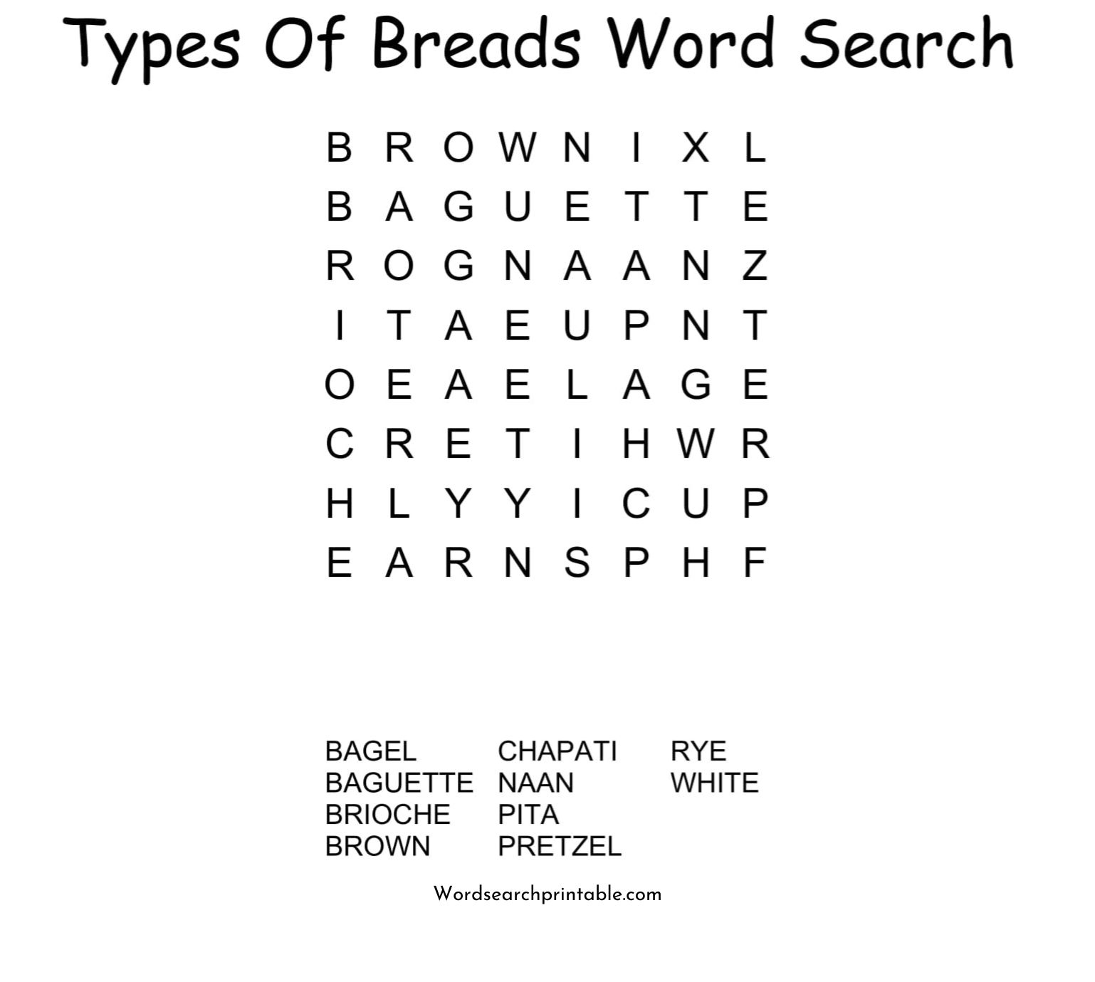 types of breads word search puzzle