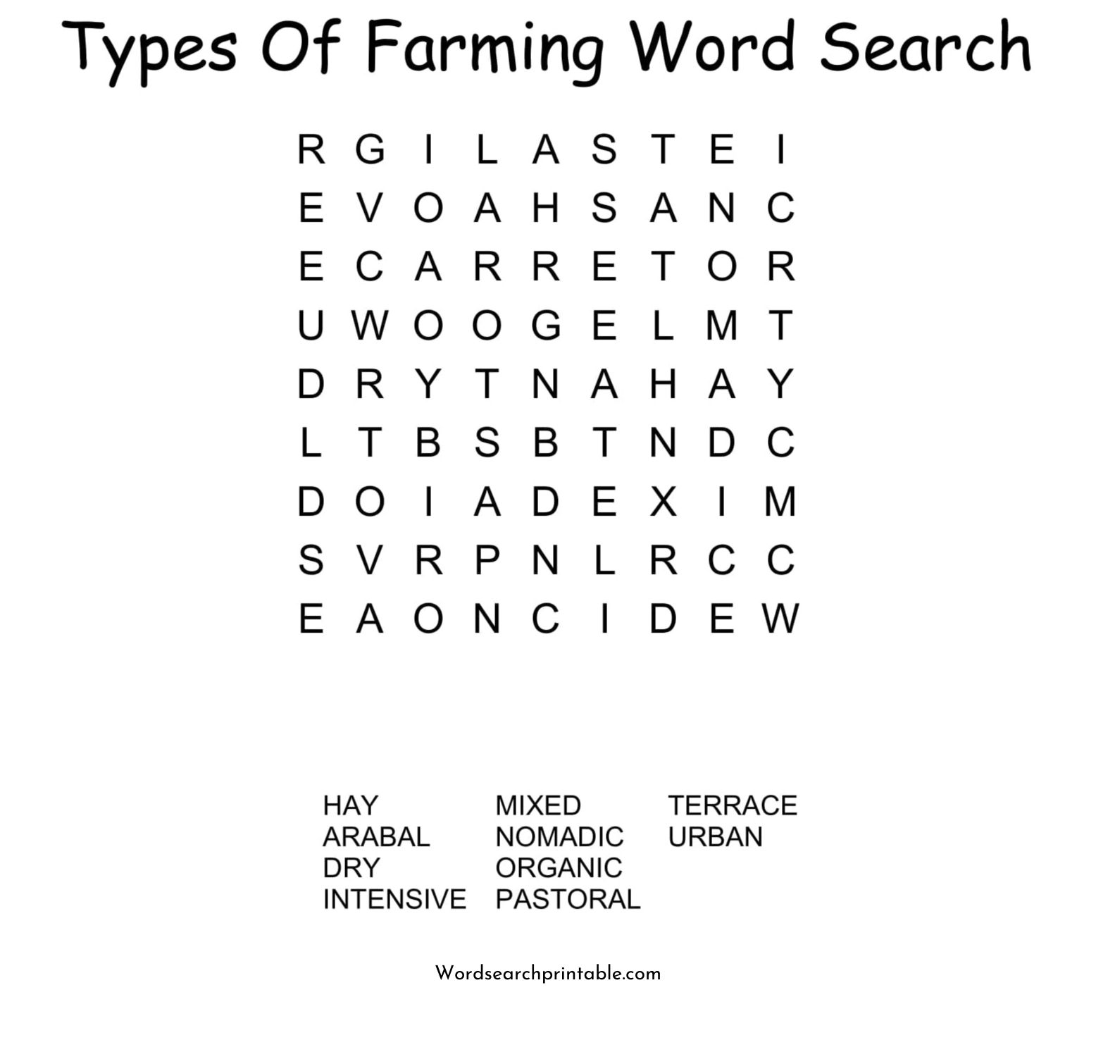 types of farming word search puzzle