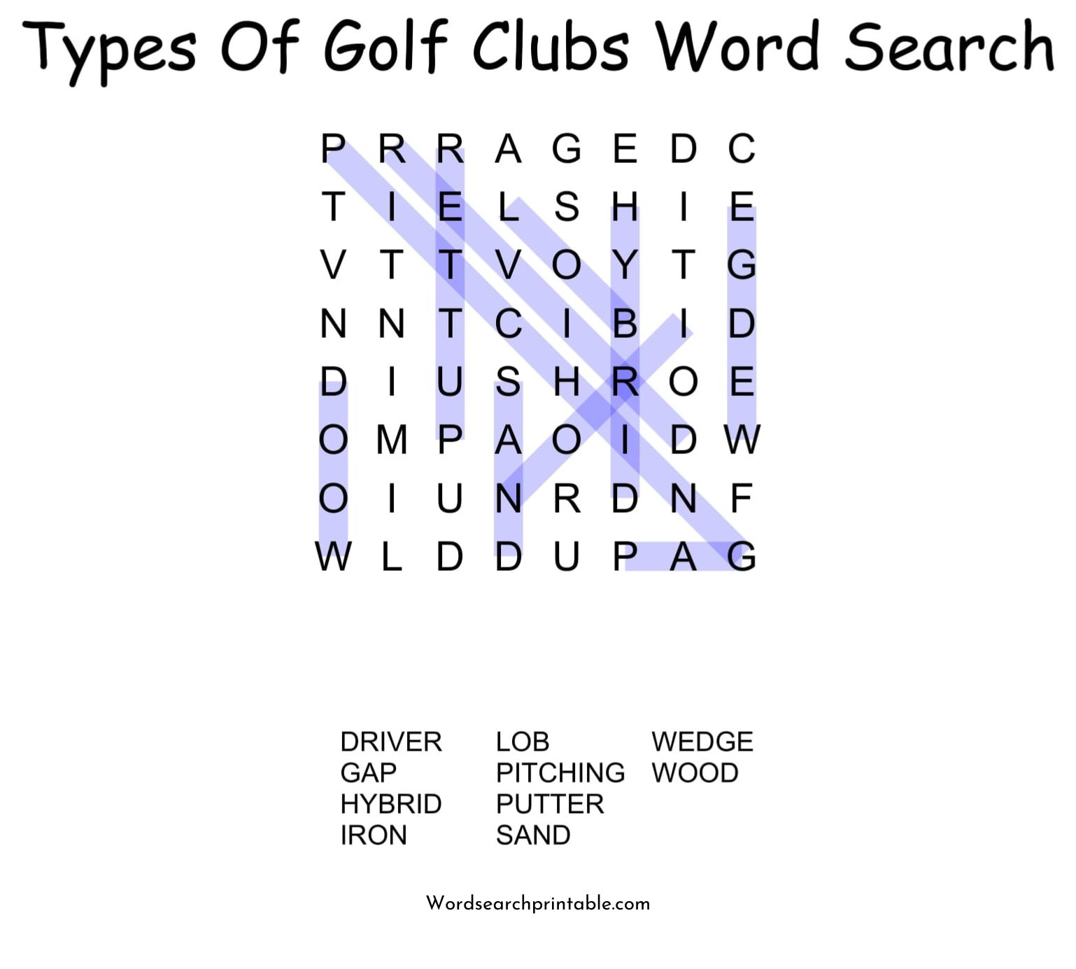 types of golf clubs word search puzzle solution