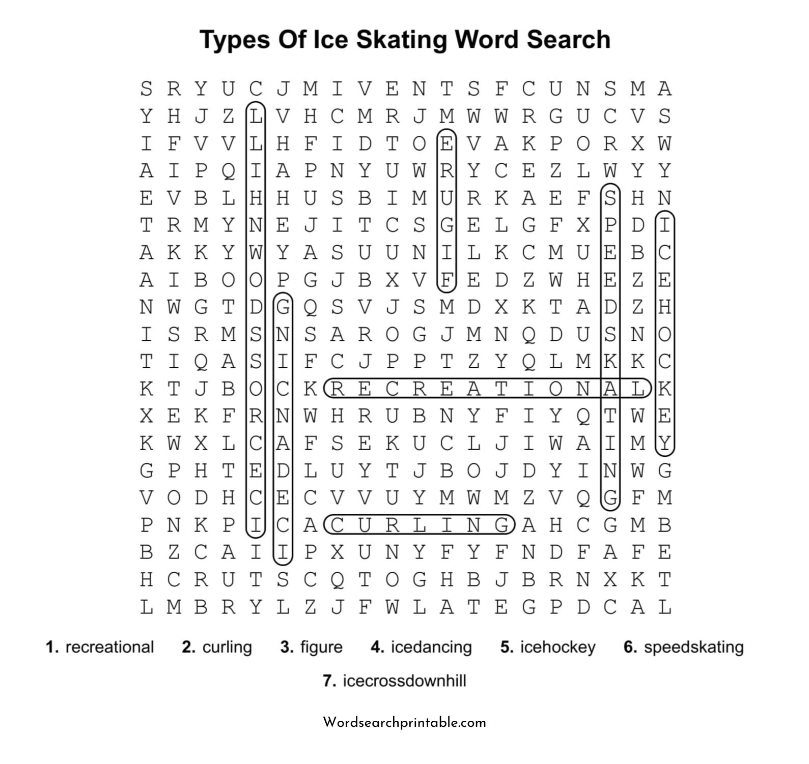 types of ice skating word search puzzle solution