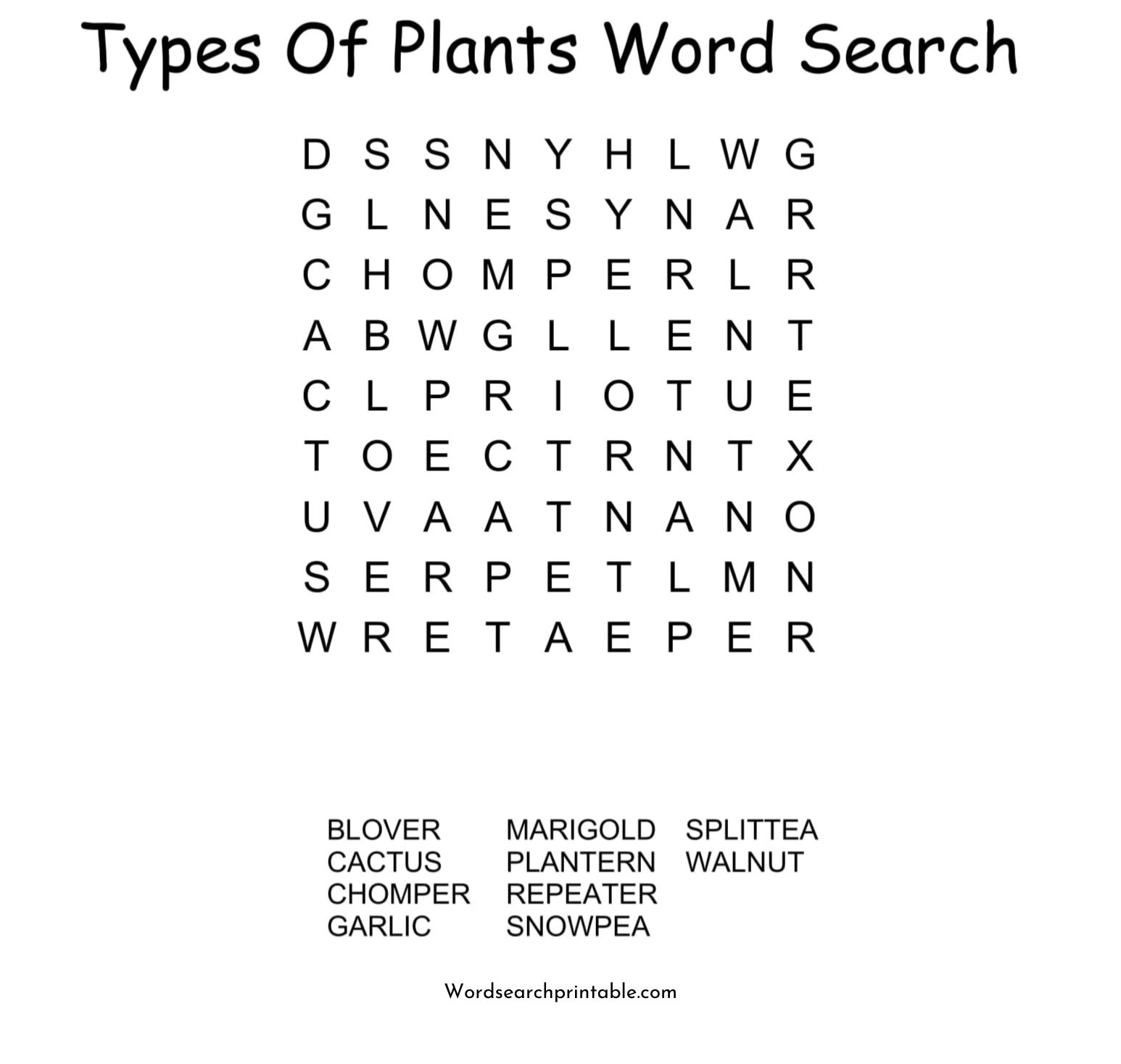types of plants in plants vs. zombies word search puzzle
