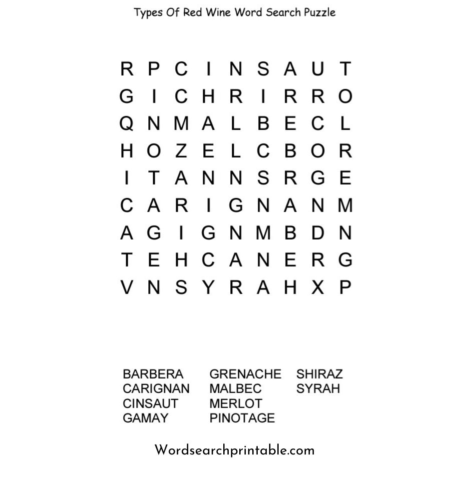 types of red wine word search puzzle