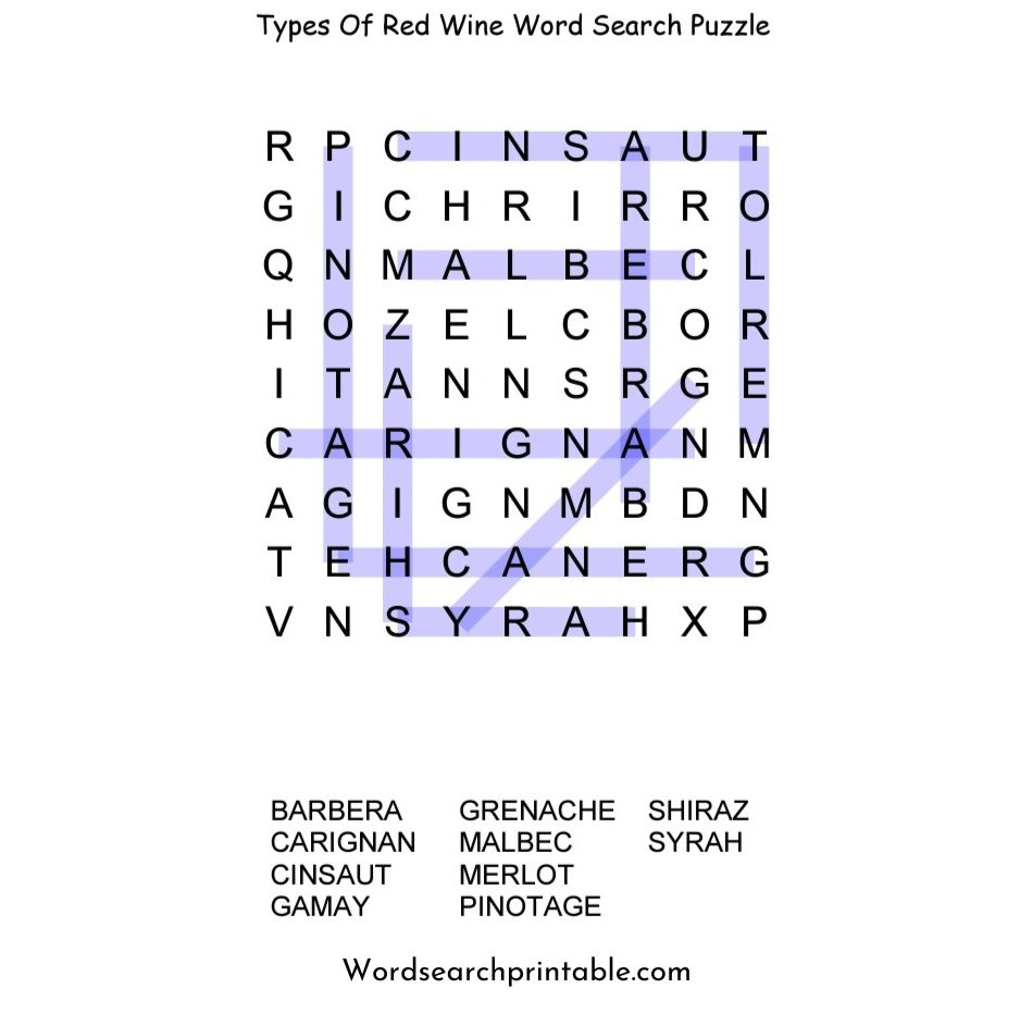 types of red wine word search puzzle solution
