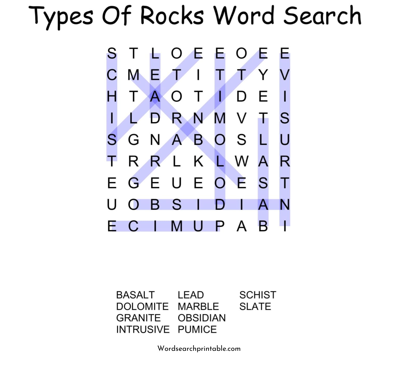 types of rocks word search puzzle solution