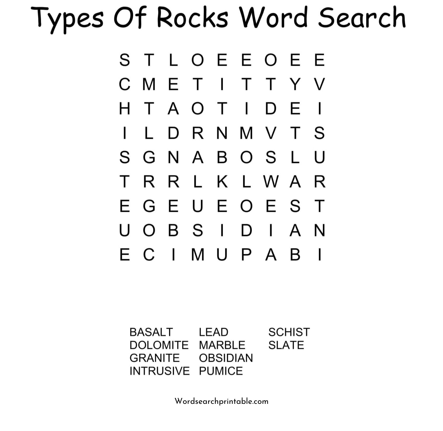 types of rocks word search puzzle