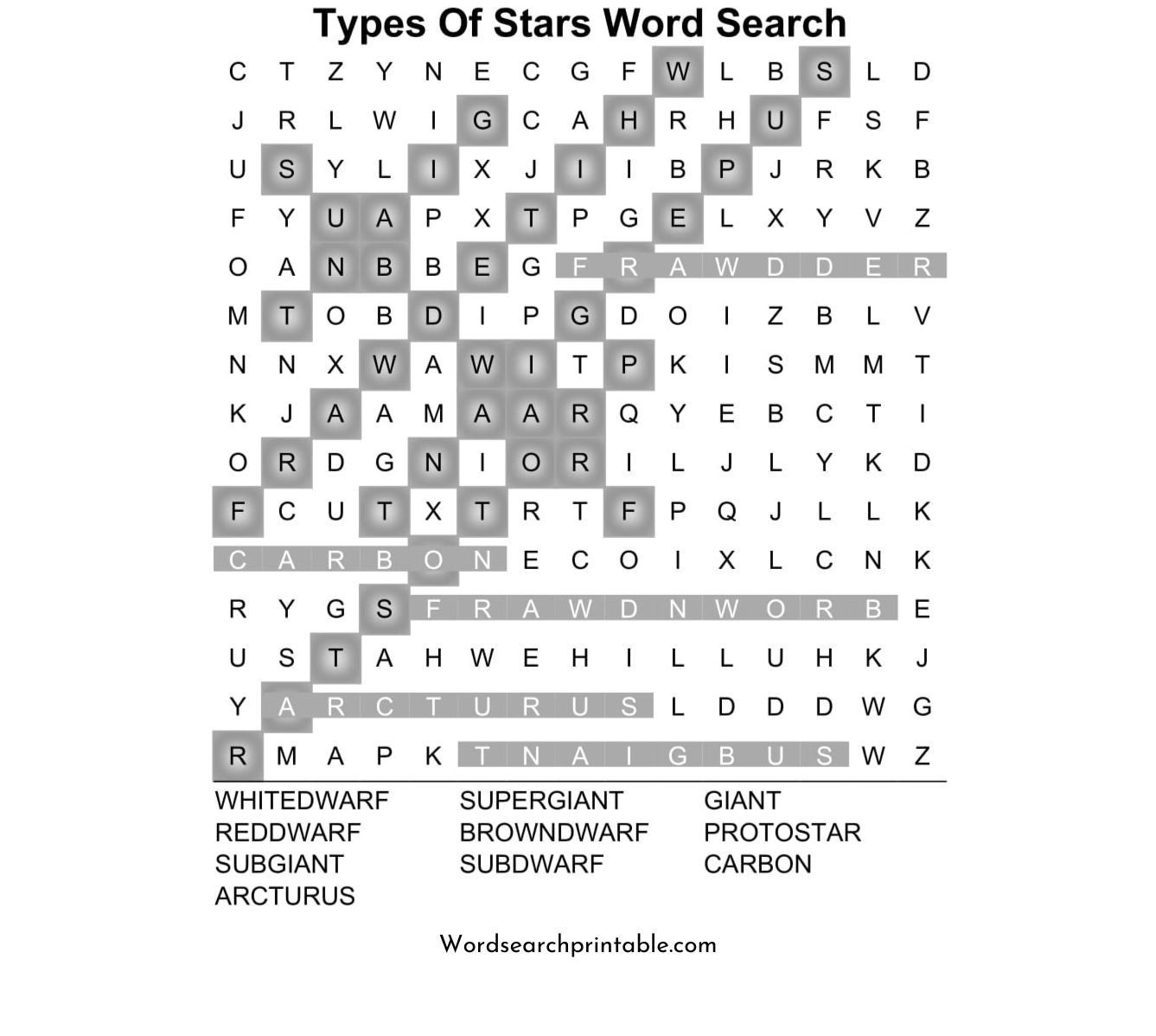 types of stars word search puzzle solution