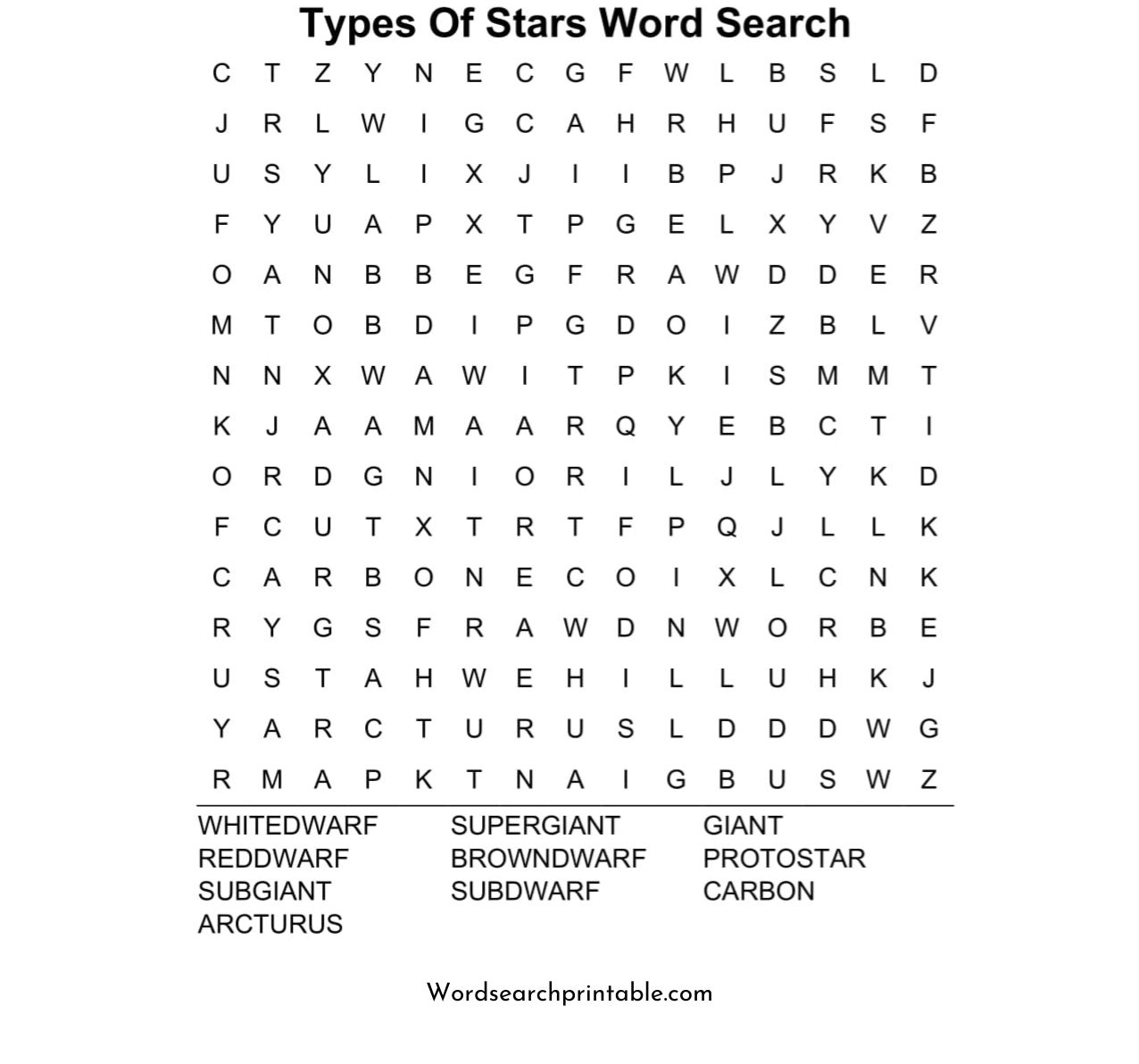 types of stars word search puzzle