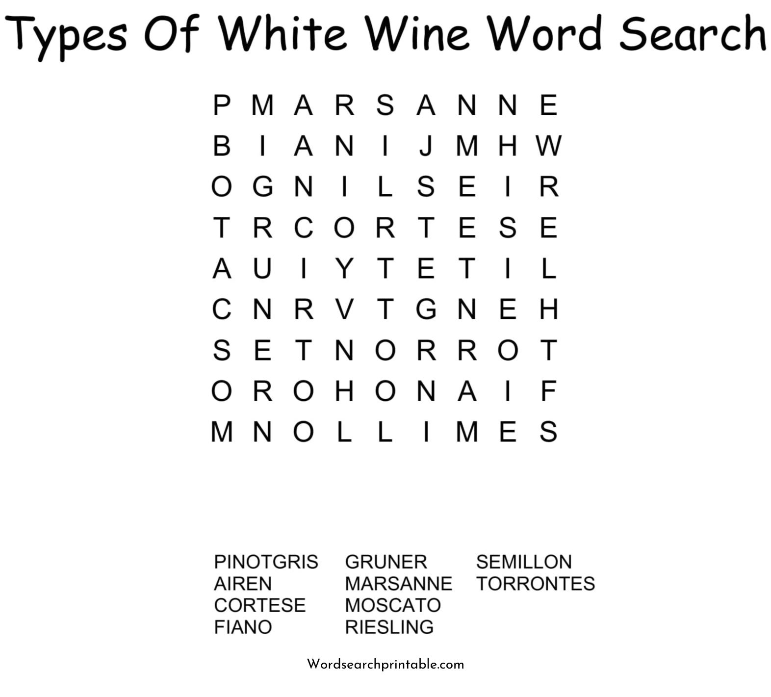 types of white wine word search puzzle
