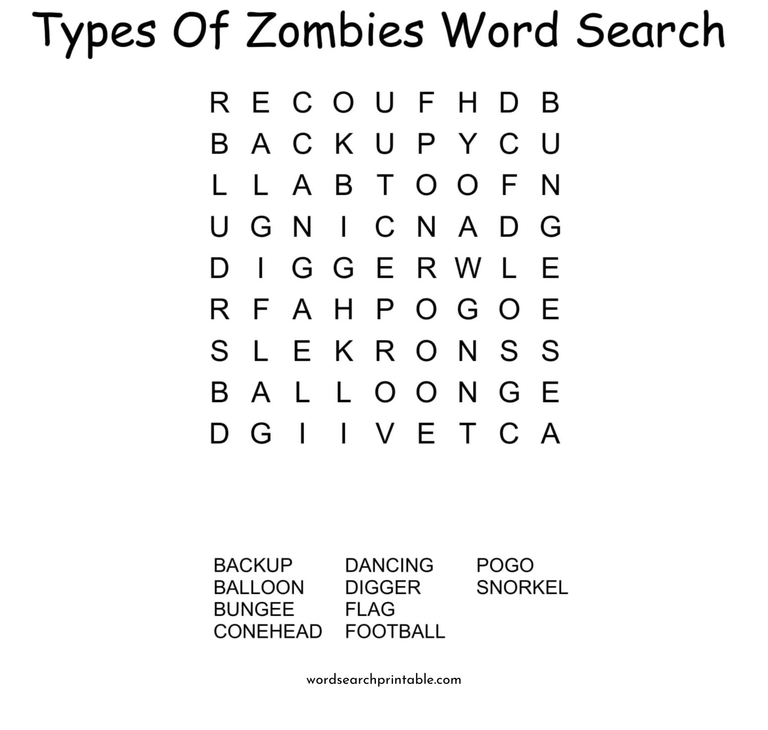 types of zombies in plants vs. zombies word search puzzle