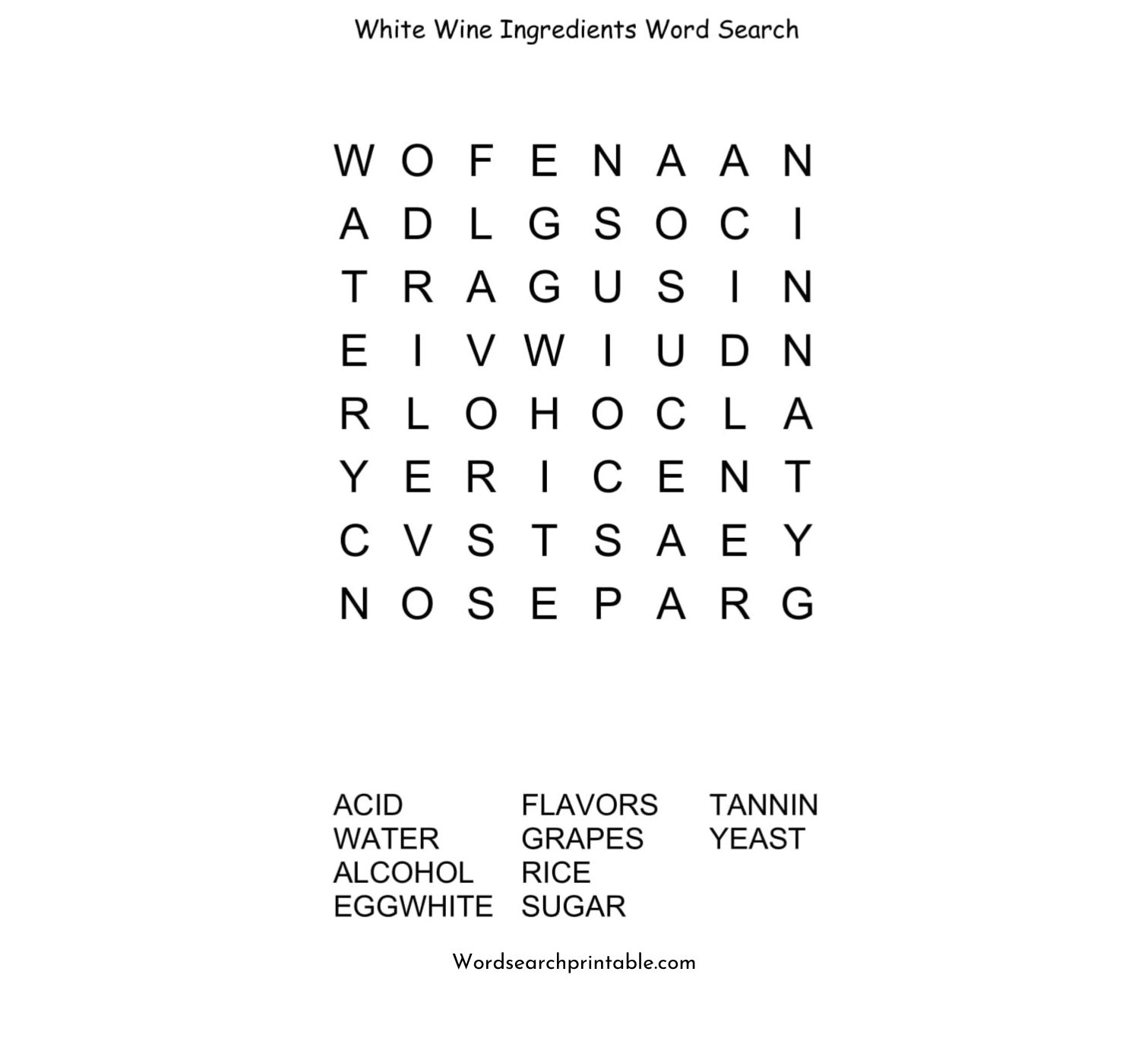 white wine ingredients word search puzzle