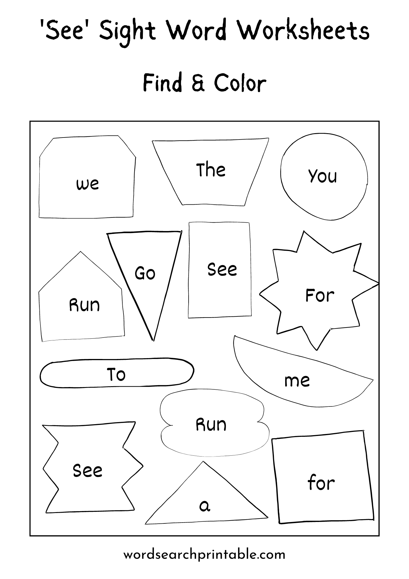 Well, why not use a little geometry for learning words? To finish this Find and color the word See worksheet, let your child find the word "See" and color the geometric shape with a colored pencil or a crayon without crossing the borders of the given geometric shape.