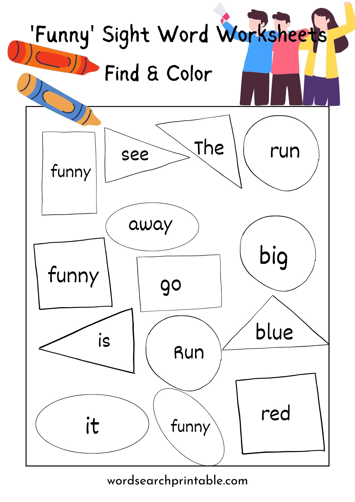 Find ‘Funny’ and Color the shape - sight word funny worksheet