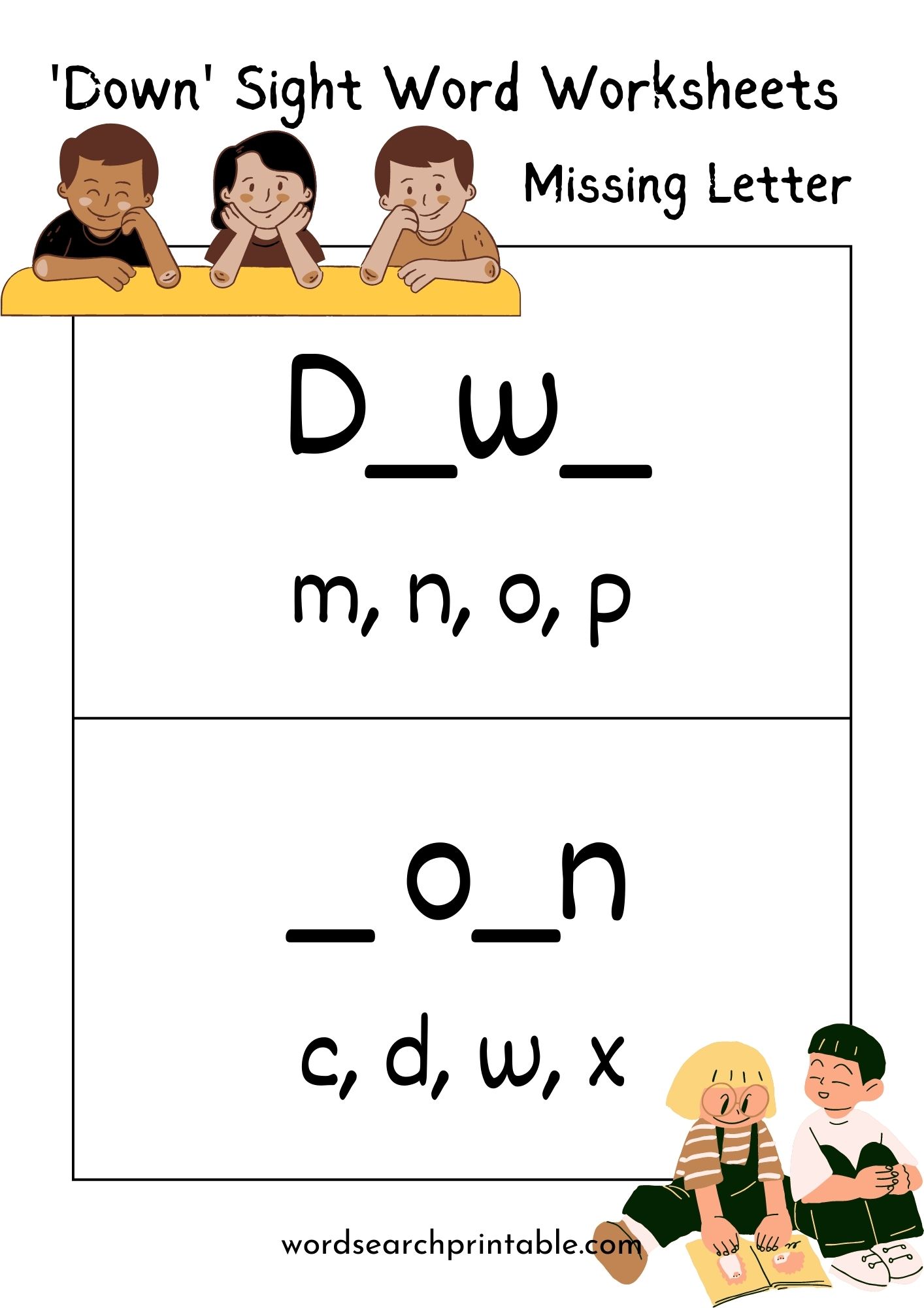 Find the missing letter in word 'Down'