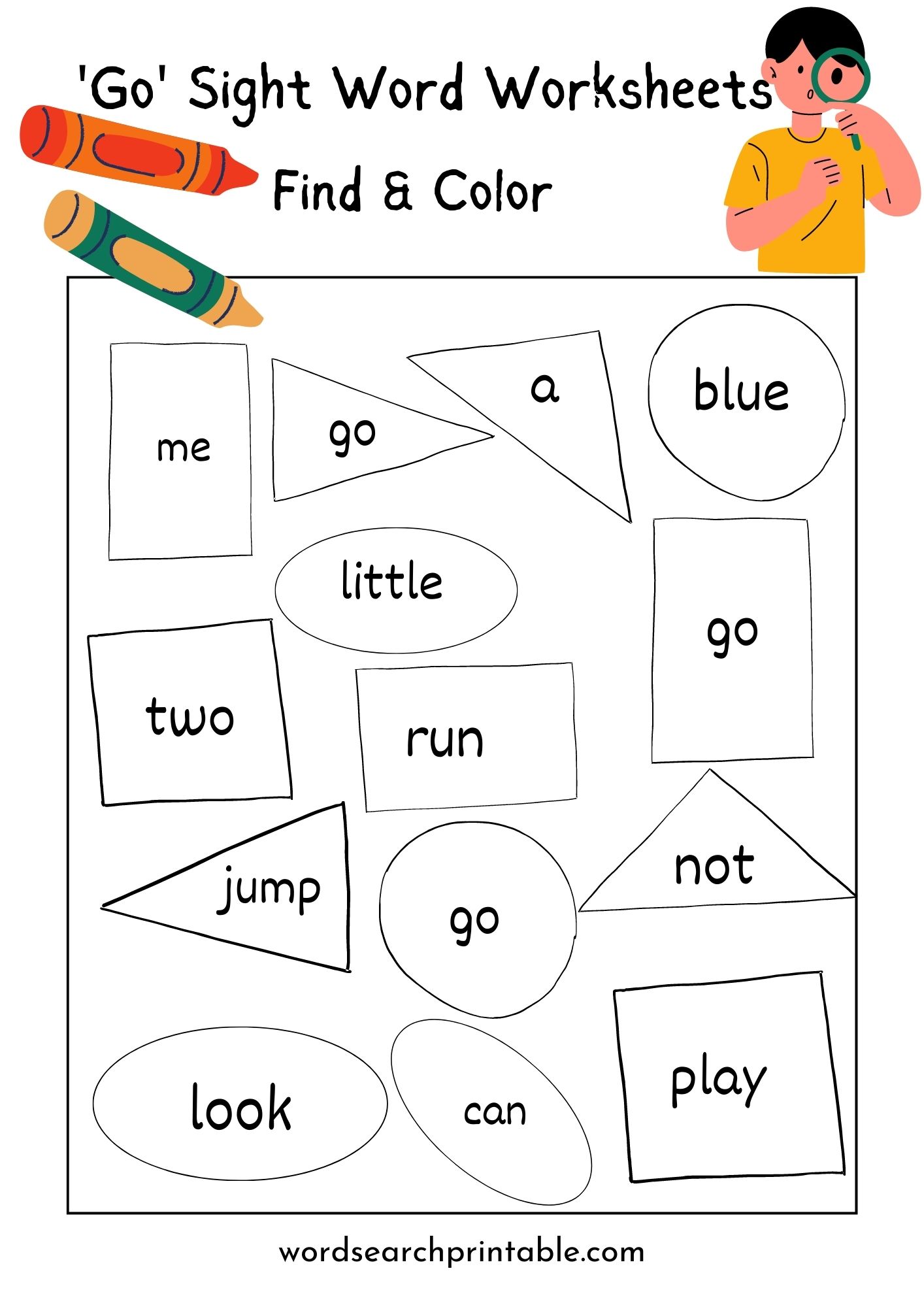Find sight word Go and Color the geometric shape