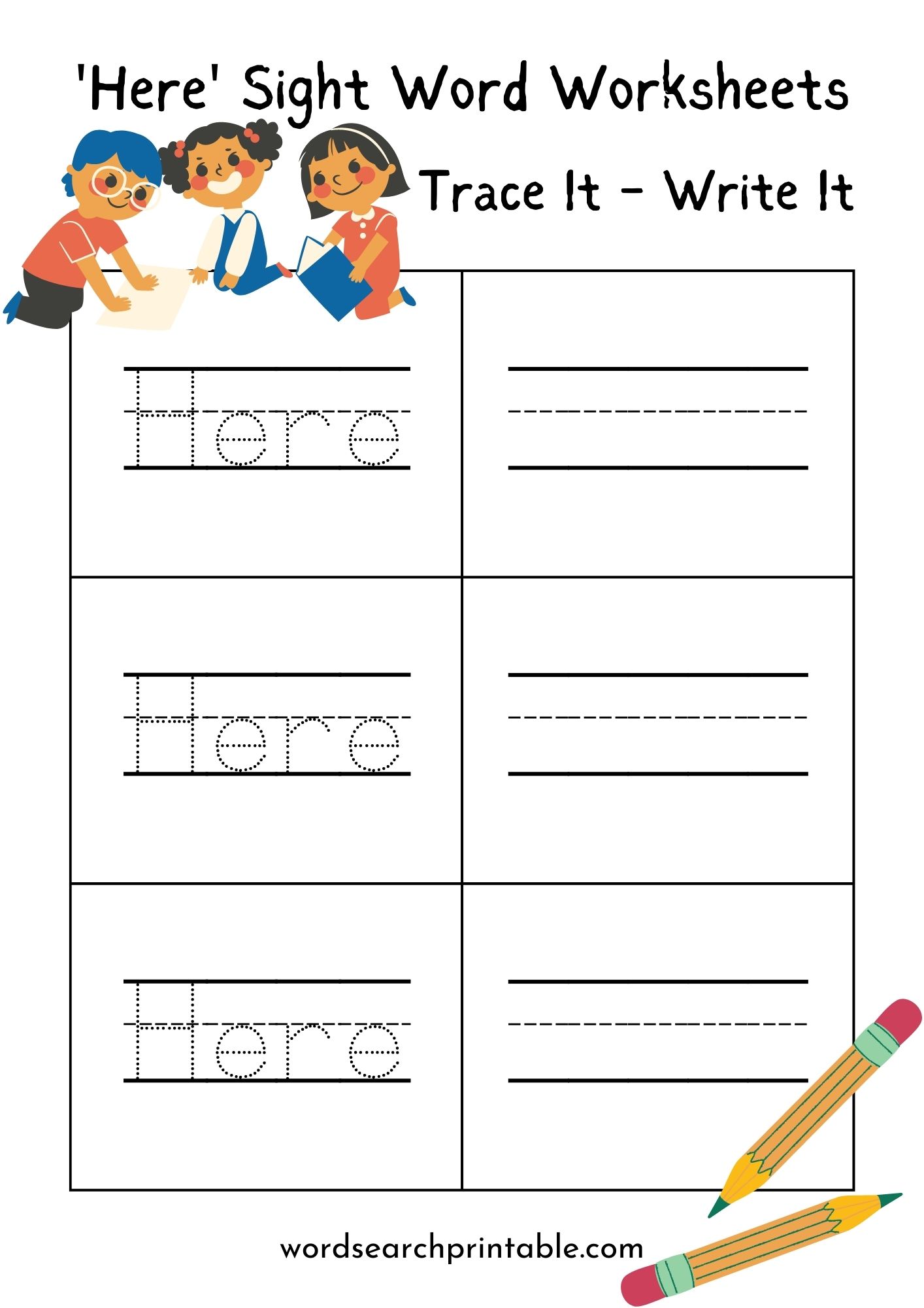 Sight word Here Trace It Worksheet