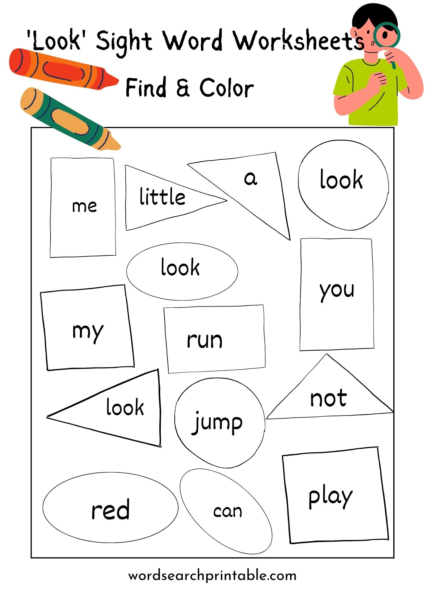Find sight word Look and Color the geometric shape