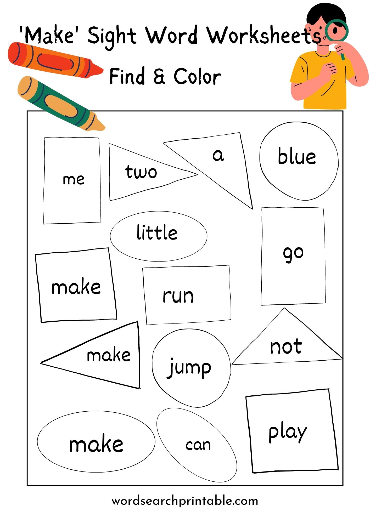 Find sight word Make and Color the geometric shape