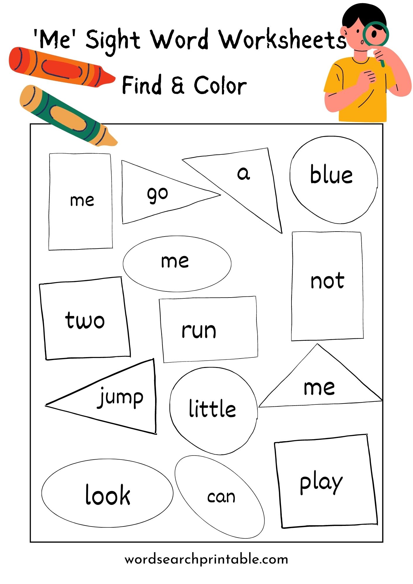Find sight word Me and Color the geometric shape