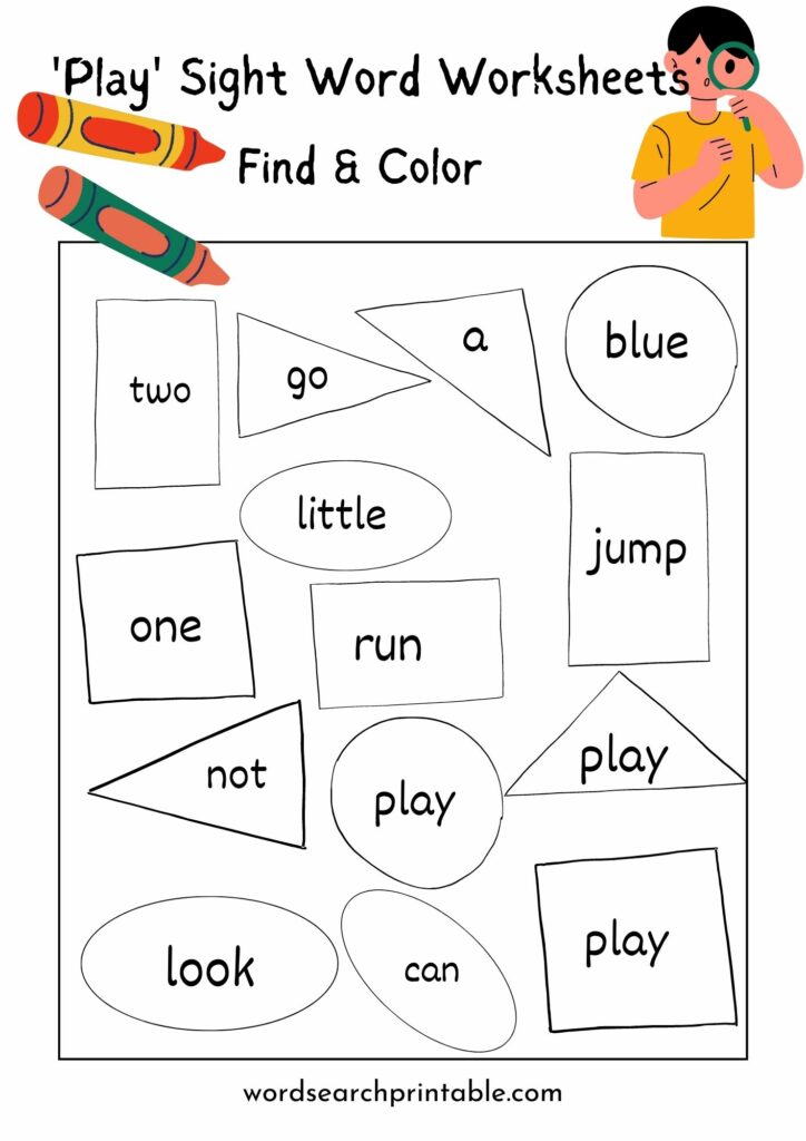 Find sight word Play and Color the geometric shape