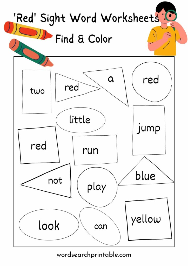 Find sight word Red and Color the geometric shape