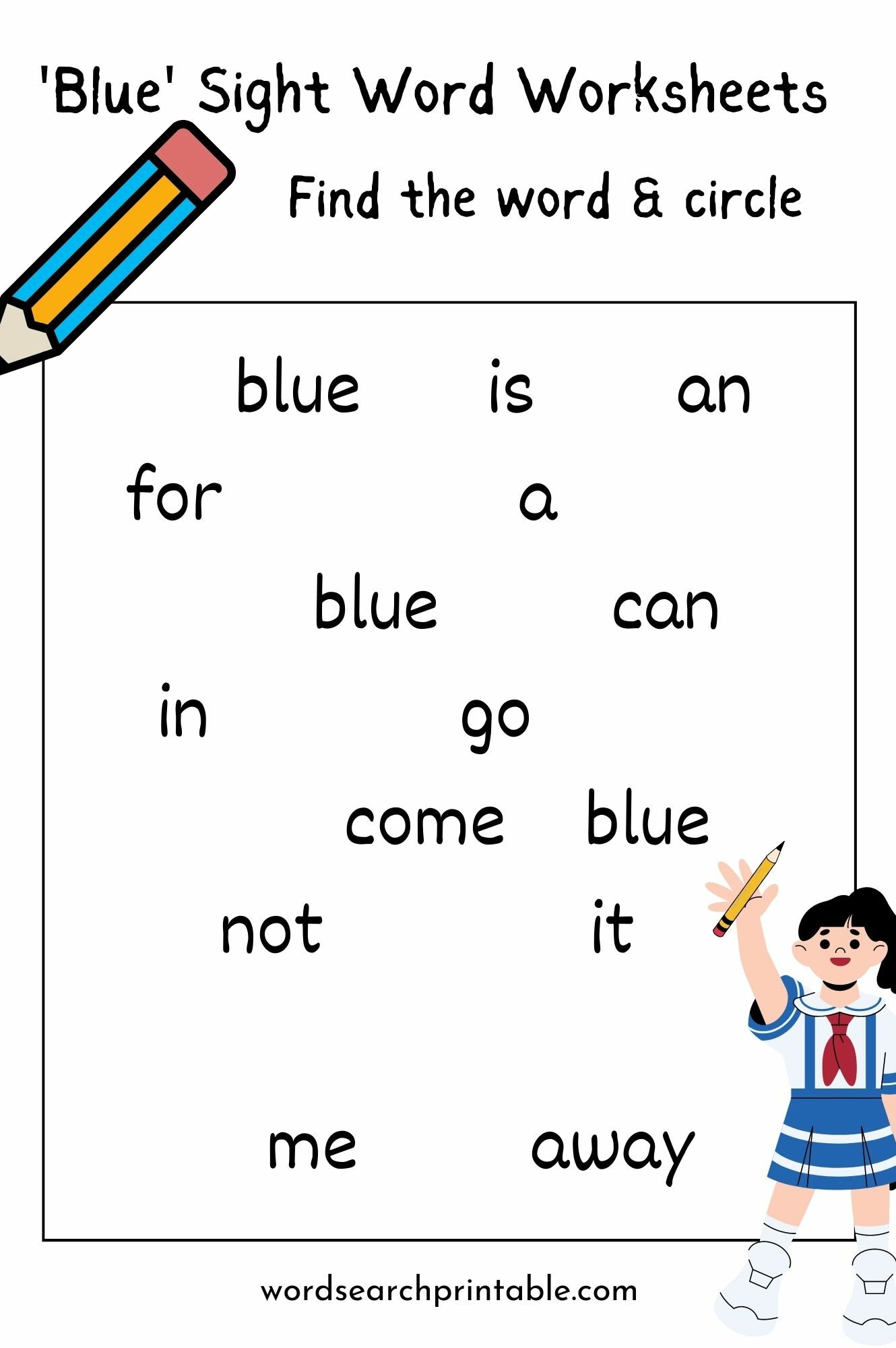 Find the word “Blue” and circle it - sight word blue worksheet