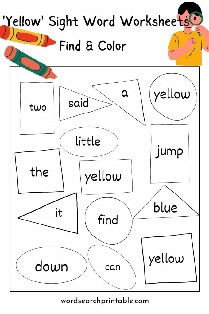 Find sight word Yellow and Color the geometric shape