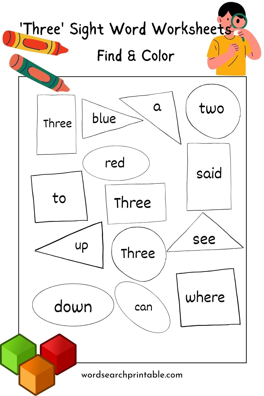 Find sight word Three and Color the geometric shape - Word hunt