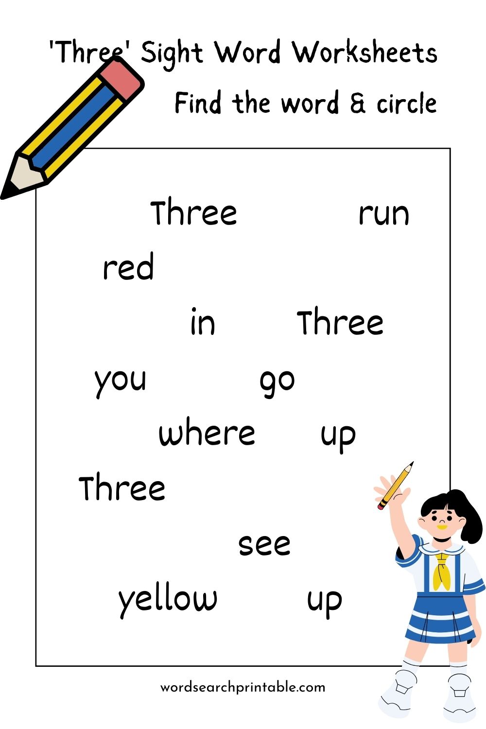 Find the sight word Three and circle it - Sight word Three word hunt