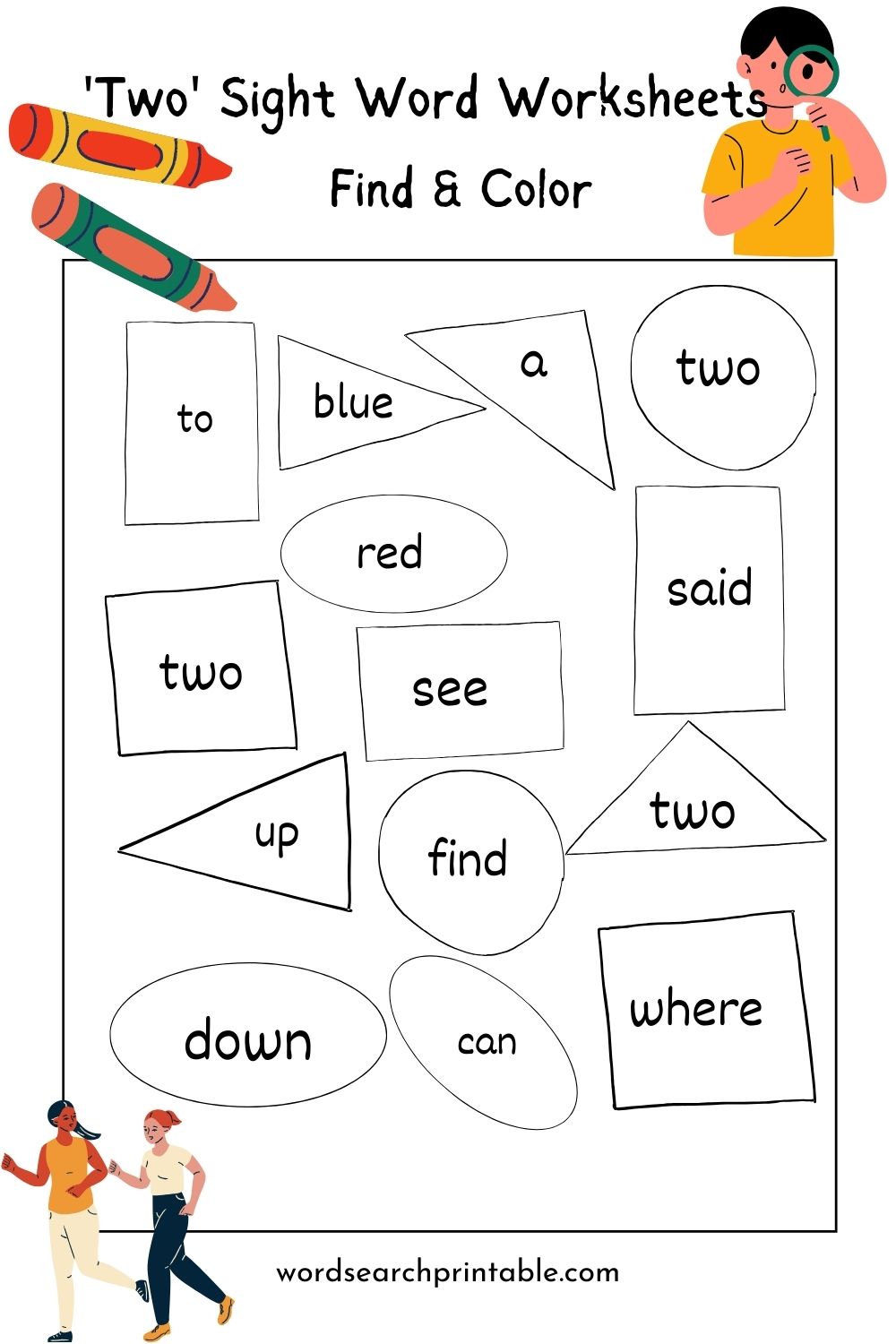 Find sight word Two and Color the geometric shape - Word hunt