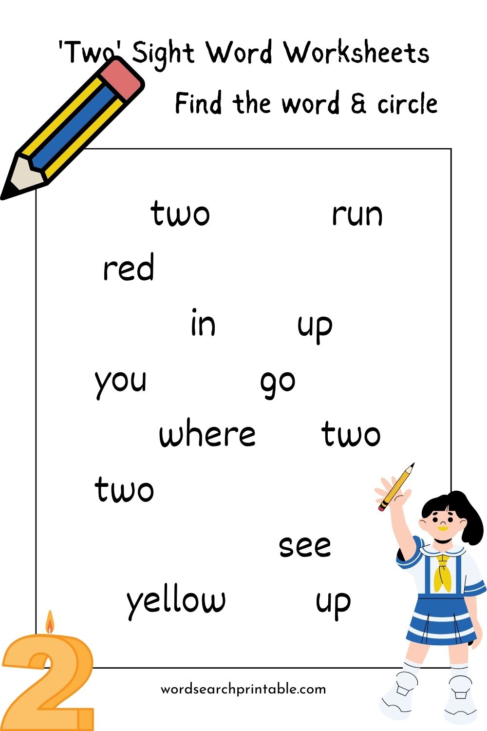 Find the sight word Two and circle it - Sight word 'Two' word hunt