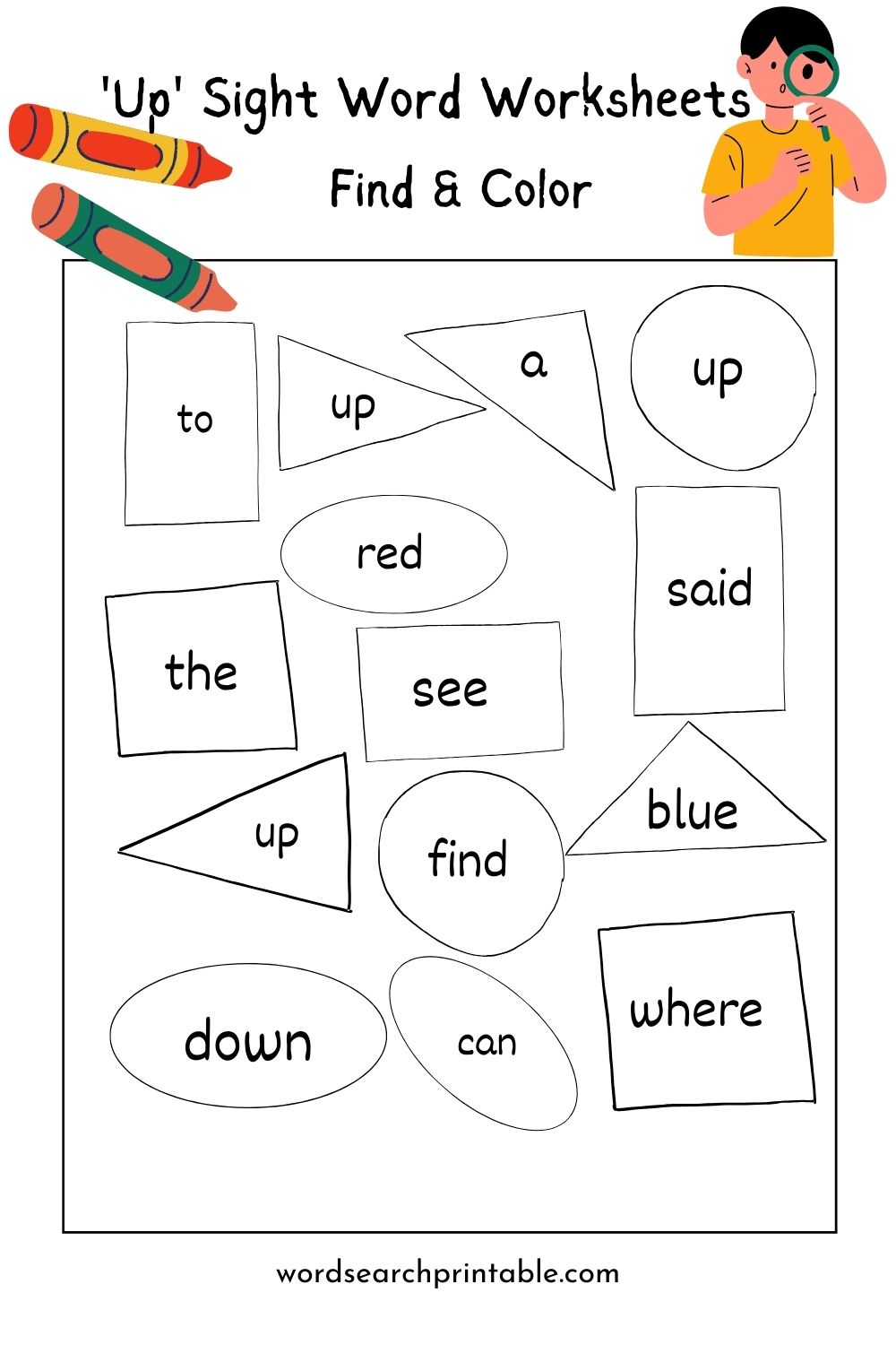 Find sight word Up and Color the geometric shape - Word hunt