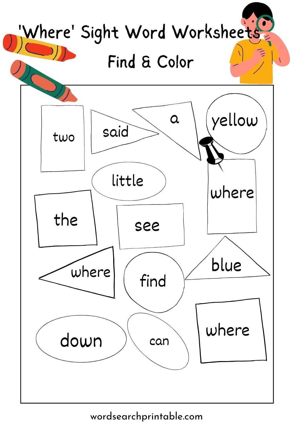 Find sight word Where and Color the geometric shape - Sight word Where hunt