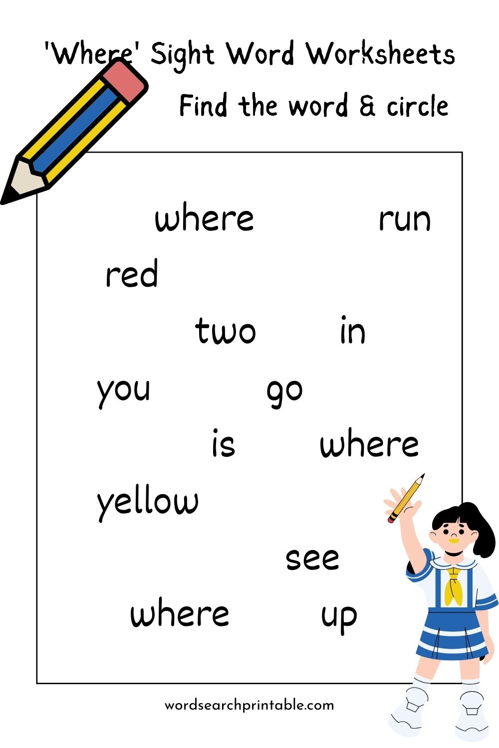 Find the sight word Where and circle it - 'Where' Sight Word Hunt